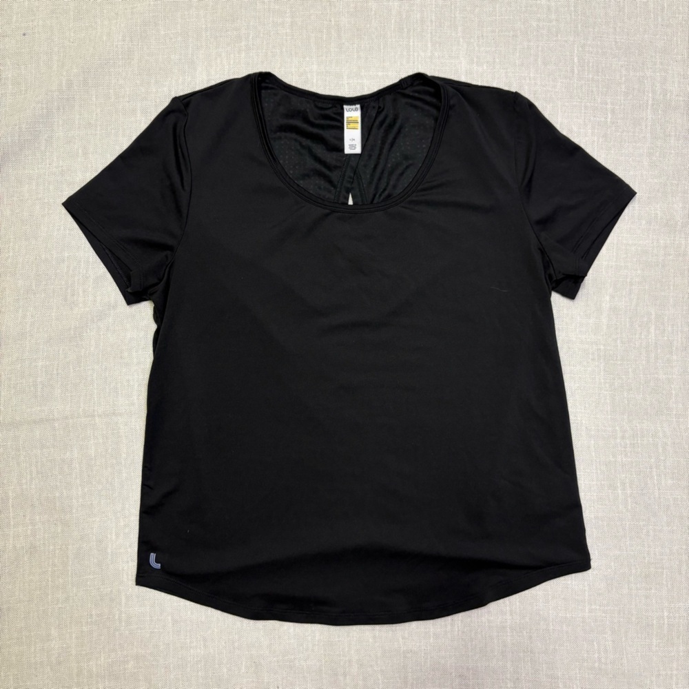 Lole Womens Large Black Flowy Workout Tee Shirt Keyhole Back Sheer Rear Gym Flow